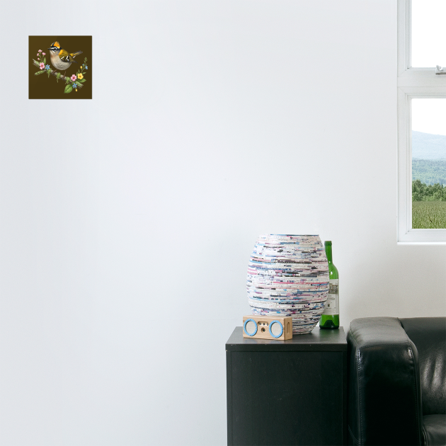 Common Firecrest Bird on Botanical Branch Nature Art by BirdsnStuff